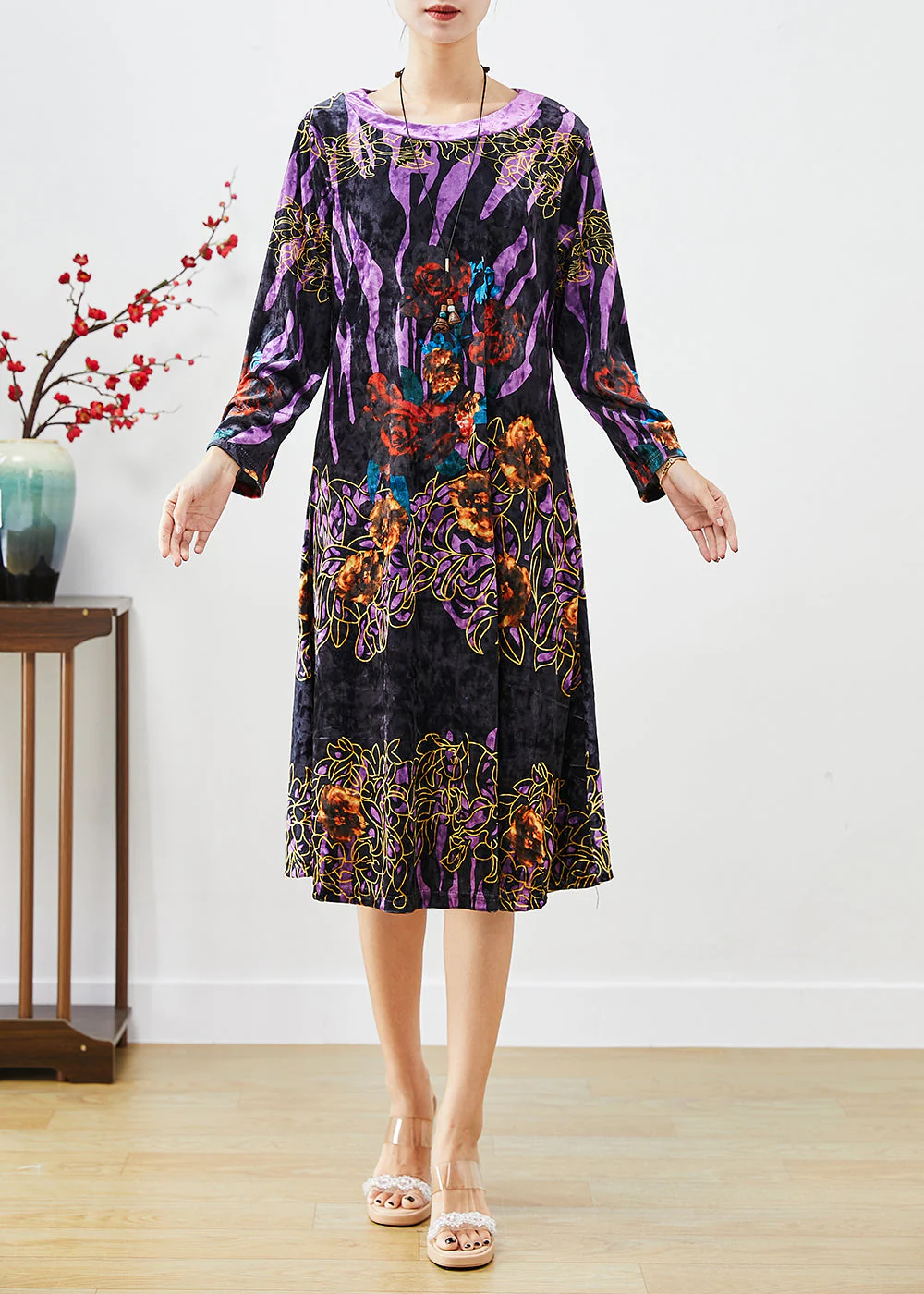 Black Print Silk Velour Mid Dress O-Neck Fall - Image 3