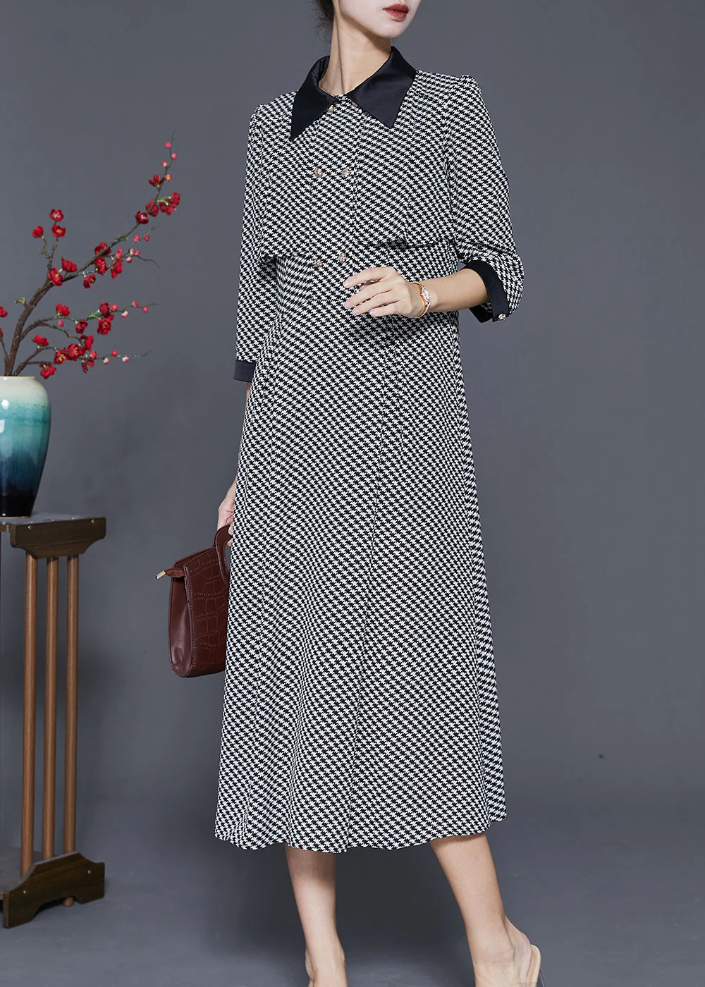 Black Print Silm Fit Chiffon A Line Dress Double Breast Spring - Image 3