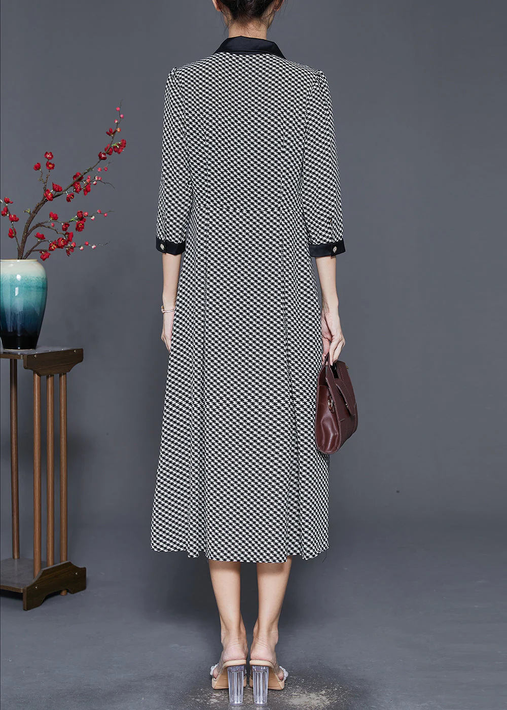 Black Print Silm Fit Chiffon A Line Dress Double Breast Spring - Image 4