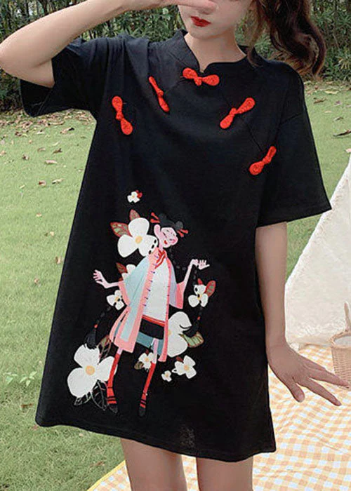 Black Print Student Dress button Zip Up Short Sleeve - Image 2