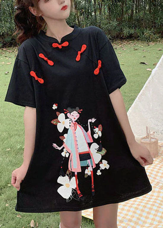 Black Print Student Dress button Zip Up Short Sleeve - Image 3