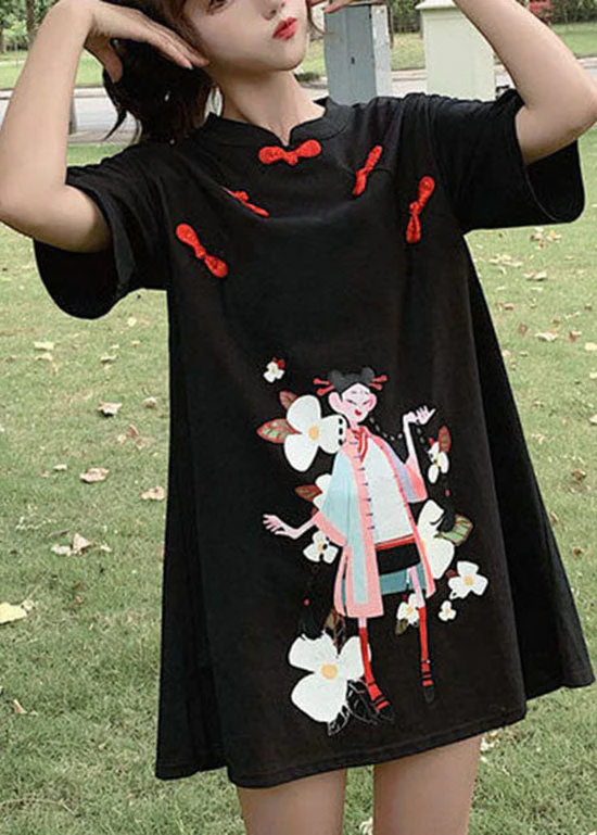Black Print Student Dress button Zip Up Short Sleeve - Image 4