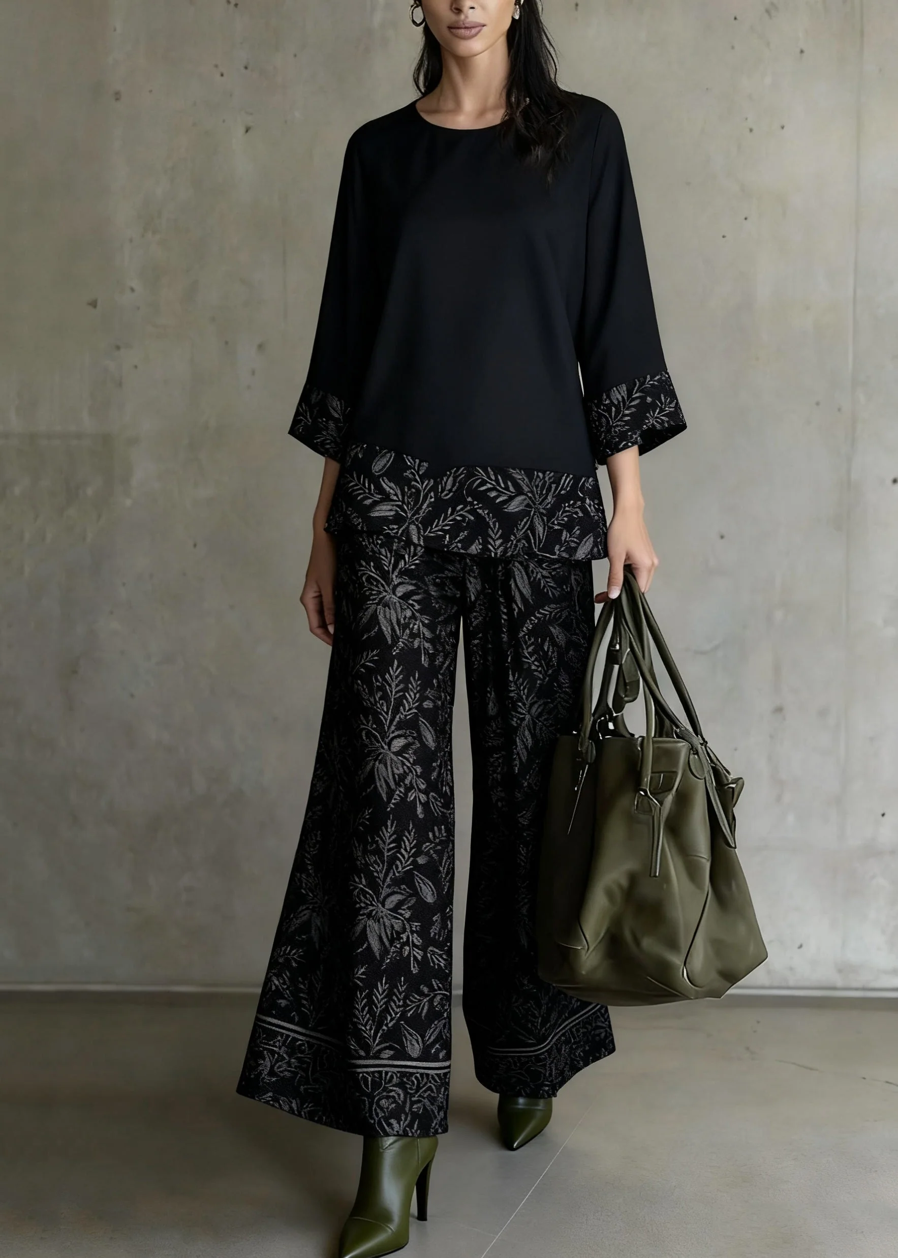 Black Print Tops And Wide Leg Pants Patchwork Silk Two Pieces Set O-Neck Spring - Image 5