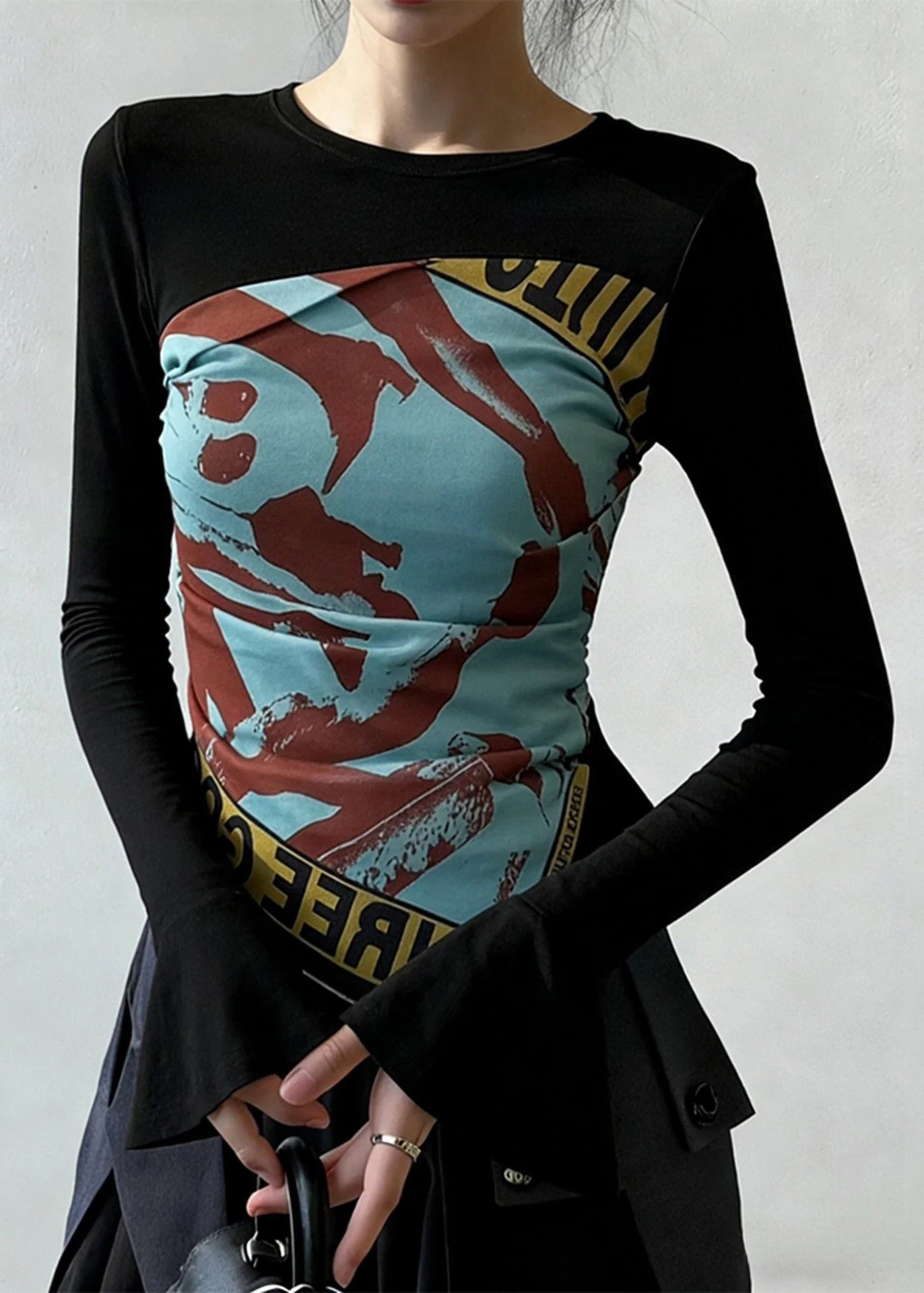 Black Print Wrinkled Patchwork False Two Pieces Cotton T Shirt Flare Sleeve
