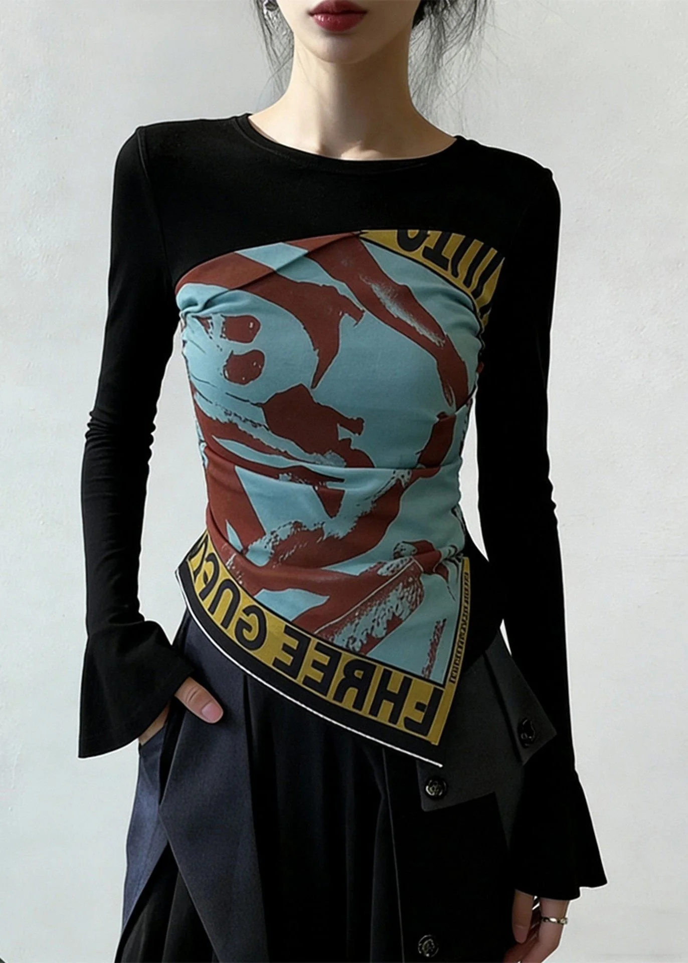 Black Print Wrinkled Patchwork False Two Pieces Cotton T Shirt Flare Sleeve - Image 2