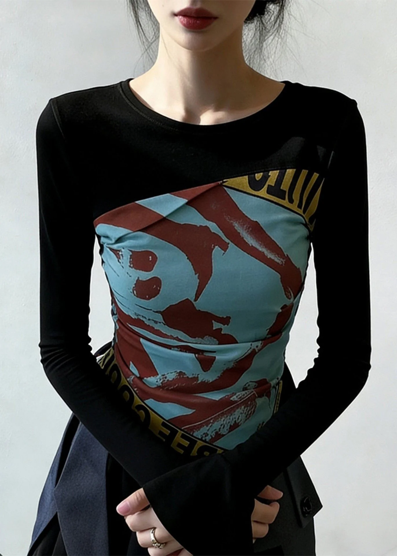 Black Print Wrinkled Patchwork False Two Pieces Cotton T Shirt Flare Sleeve - Image 3