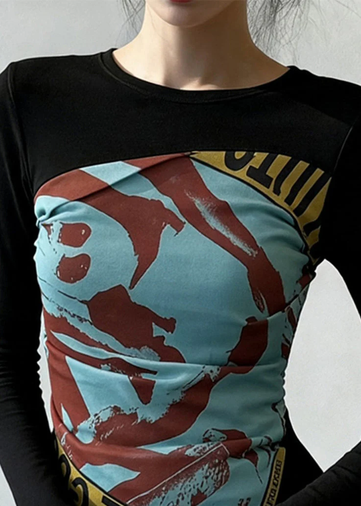 Black Print Wrinkled Patchwork False Two Pieces Cotton T Shirt Flare Sleeve - Image 4