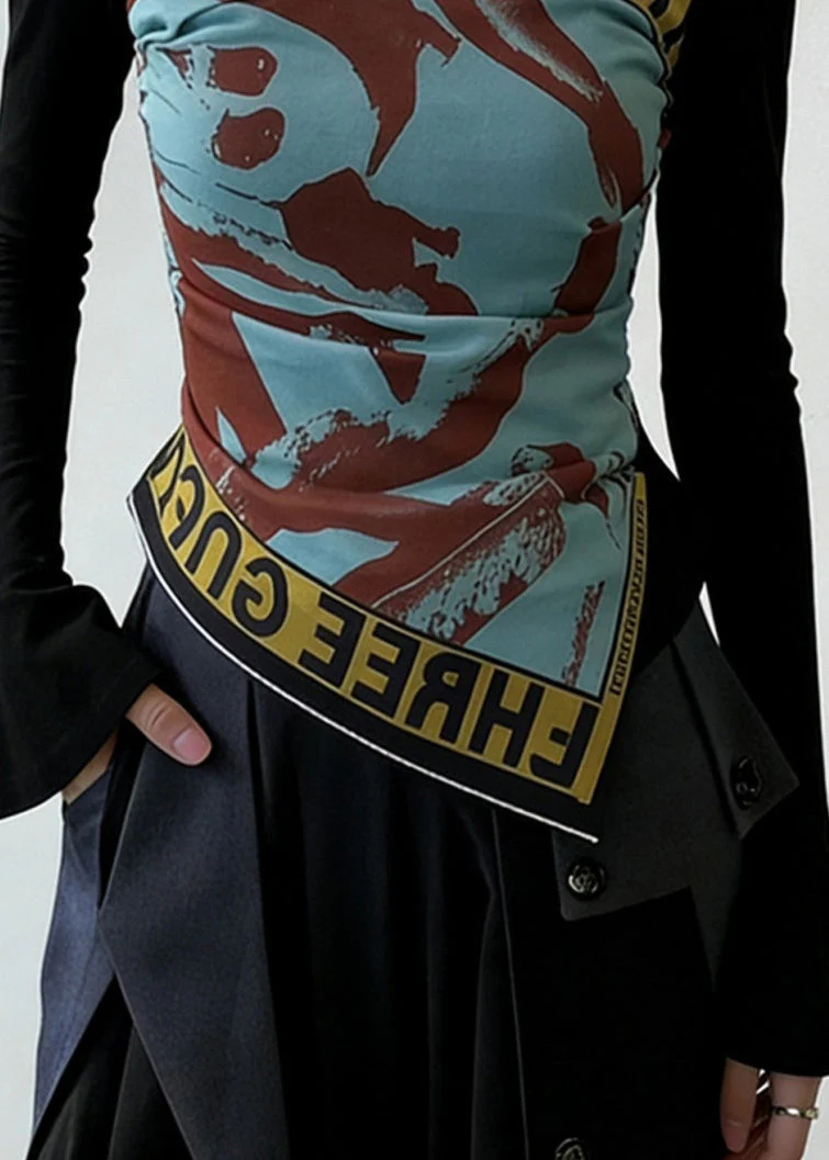 Black Print Wrinkled Patchwork False Two Pieces Cotton T Shirt Flare Sleeve - Image 5