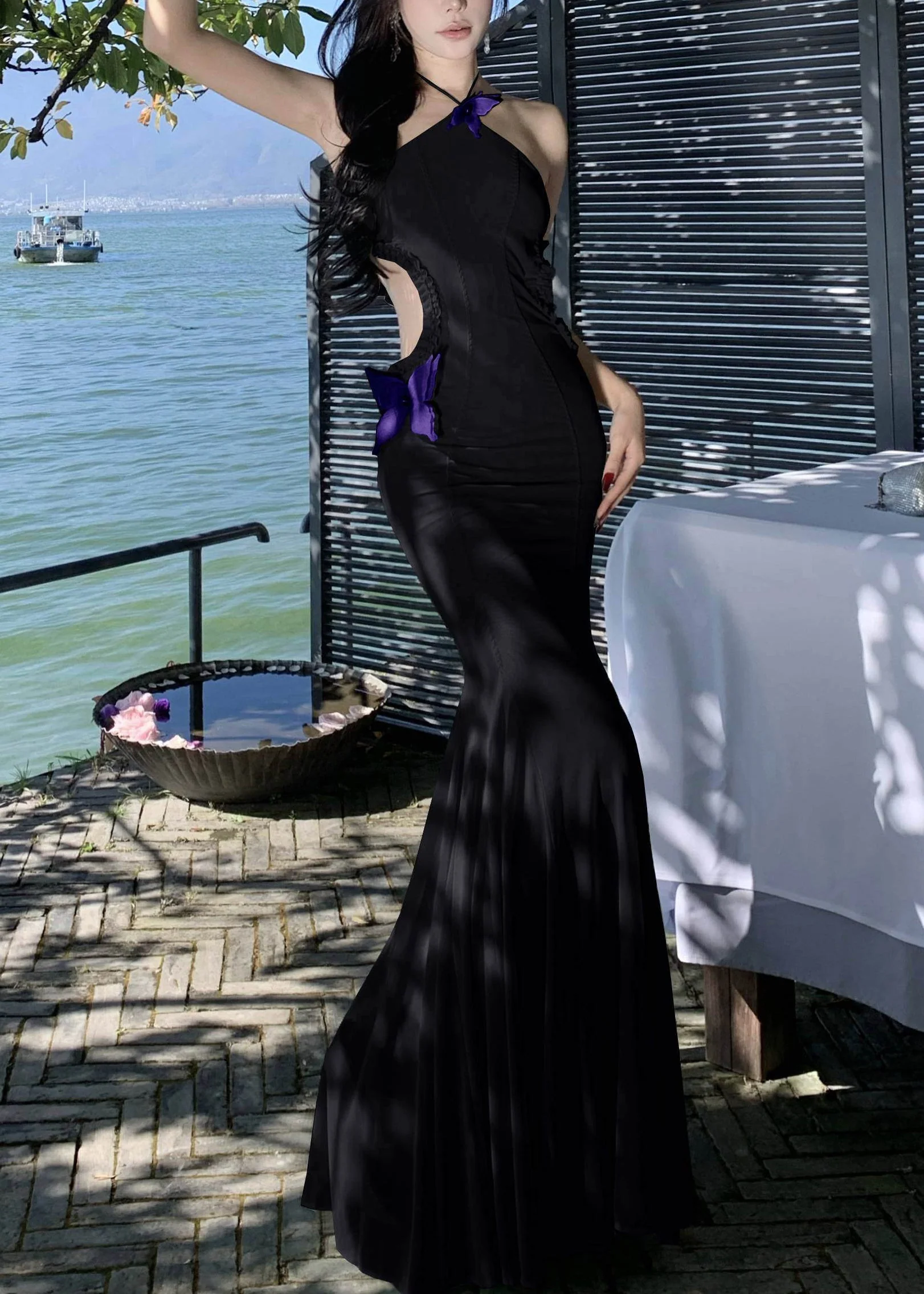 Black Ruffled Butterfly Tulle Long Dresses Hollow Out Sleeveless - Image 2