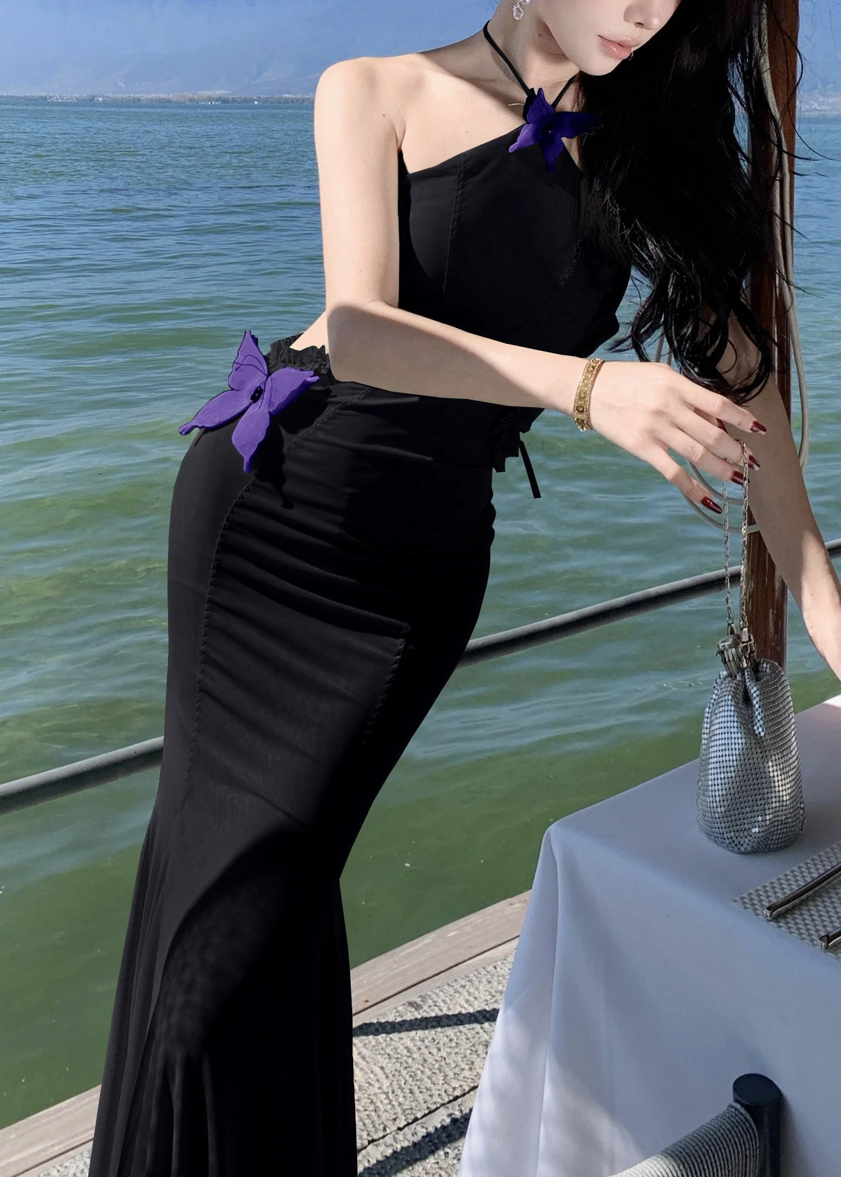Black Ruffled Butterfly Tulle Long Dresses Hollow Out Sleeveless - Image 4