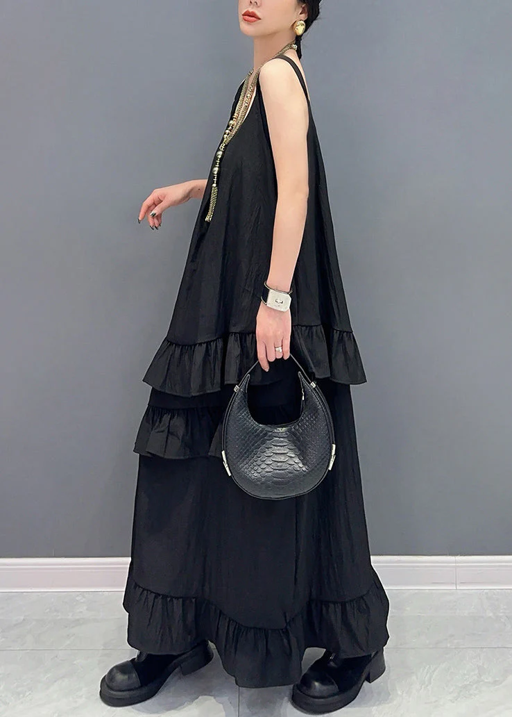 Black Ruffled Patchwork Cotton Long Dresses U Neck Summer - Image 4