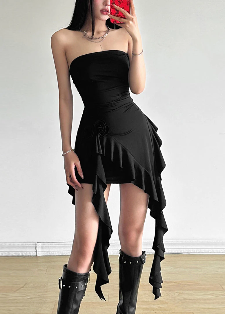 Black Ruffled Solid Cotton Top Asymmetrical Summer dress - Image 4