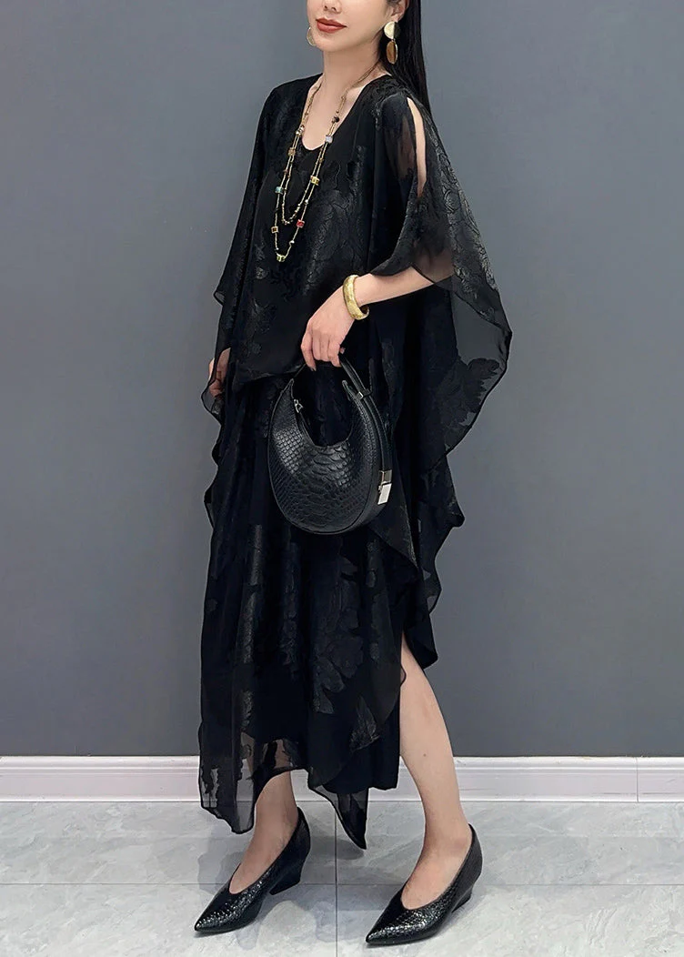 Black Side Open Silk Maxi Dress Batwing Sleeve - Image 3
