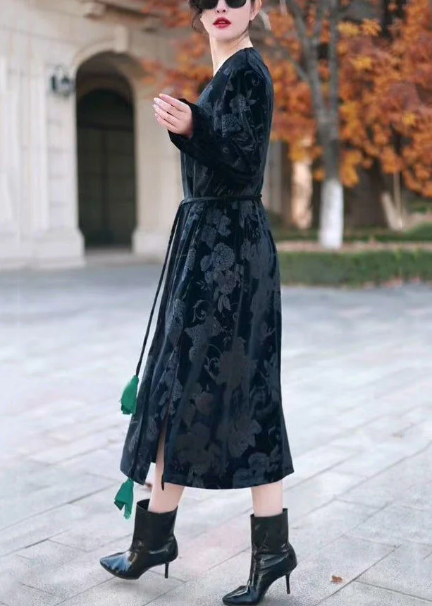Black Side Open Silk Velvet Long Dress V Neck Winter - Image 4