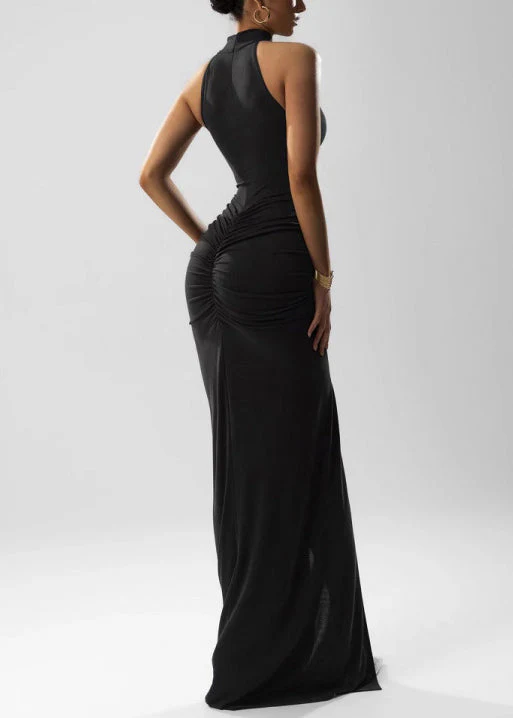Black Side Open Solid Cotton Sleeveless Ankle Dress Wrinkled - Image 4