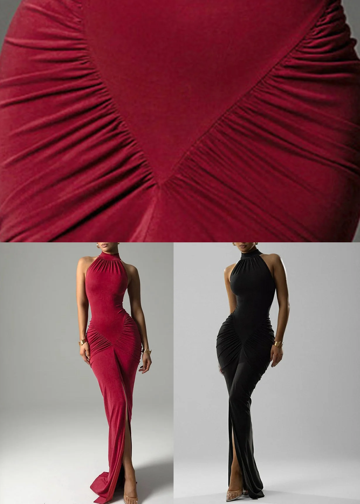 Black Side Open Solid Cotton Sleeveless Ankle Dress Wrinkled - Image 5
