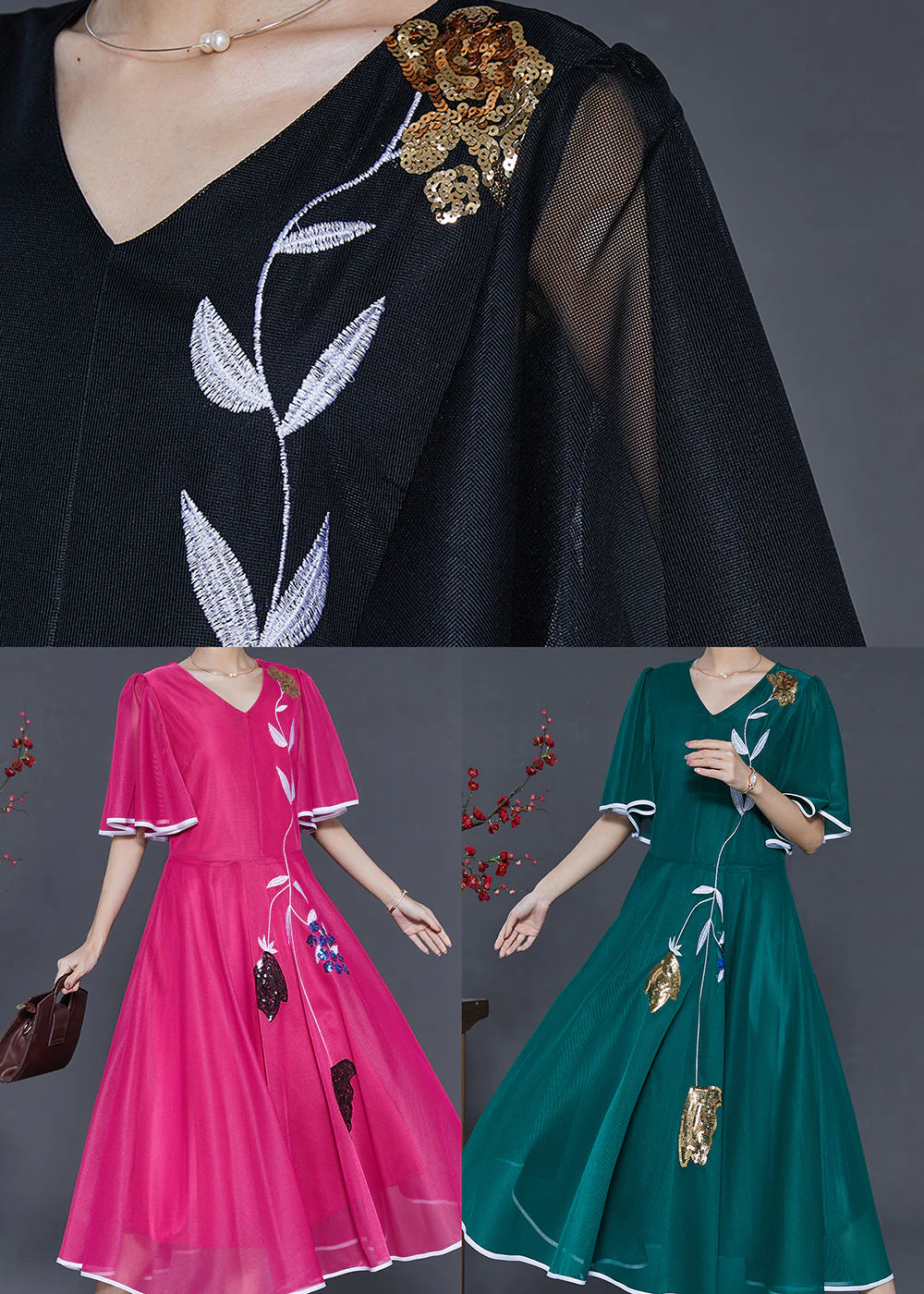 Black Silk Party Dress Embroidered Exra Large Hem Summer - Image 5