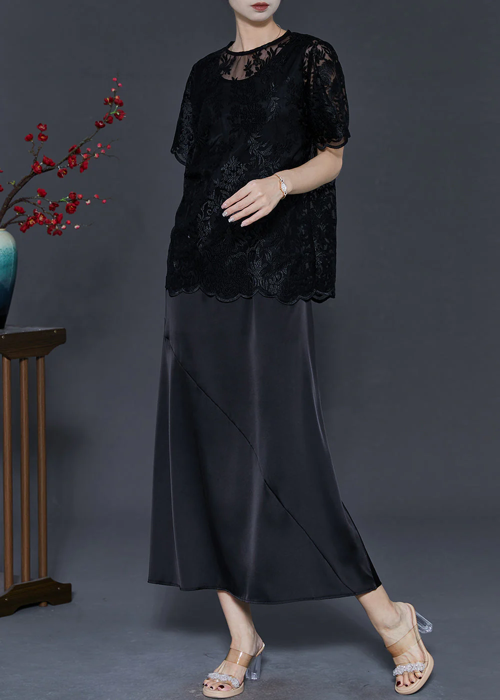 Black Silk Party Dress Women Sets 2 Pieces Embroidered Summer - Image 3