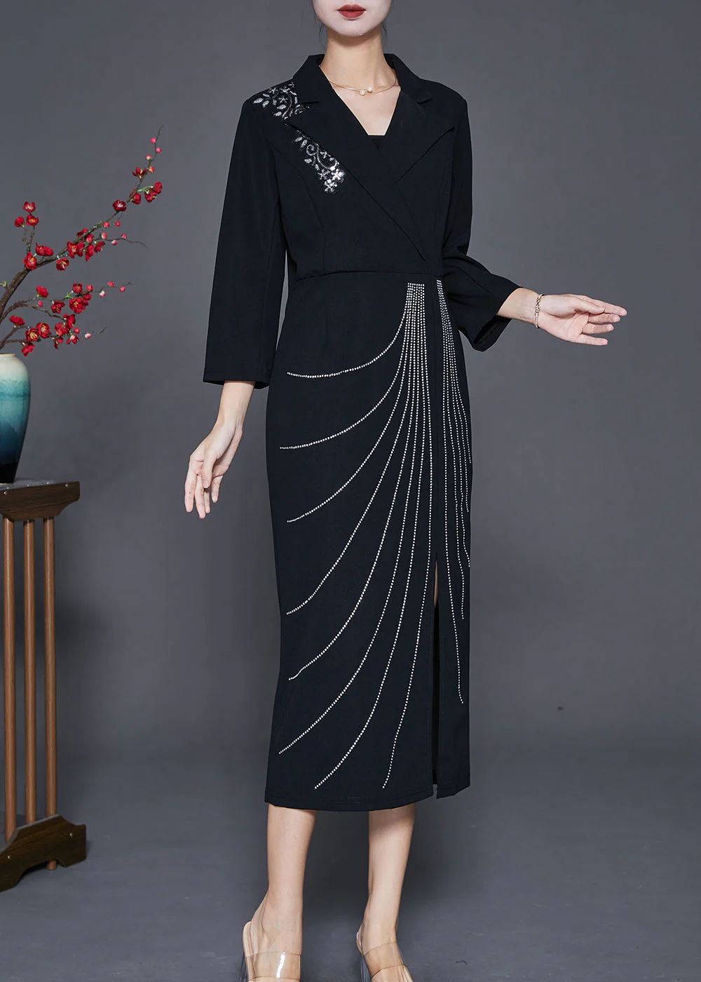 Black Silm Fit Cotton Long Dresses Notched Collar Fall - Image 3