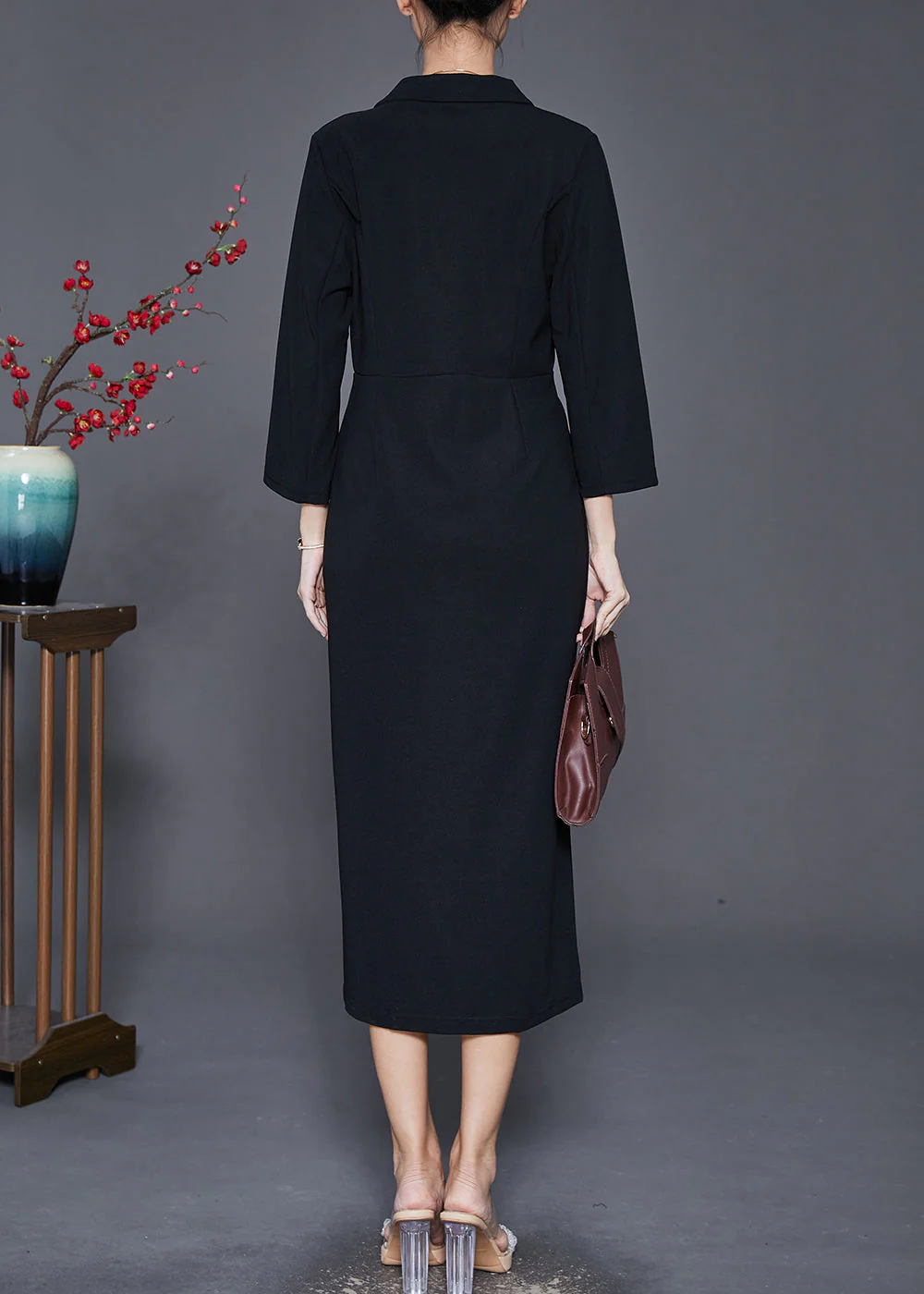 Black Silm Fit Cotton Long Dresses Notched Collar Fall - Image 4