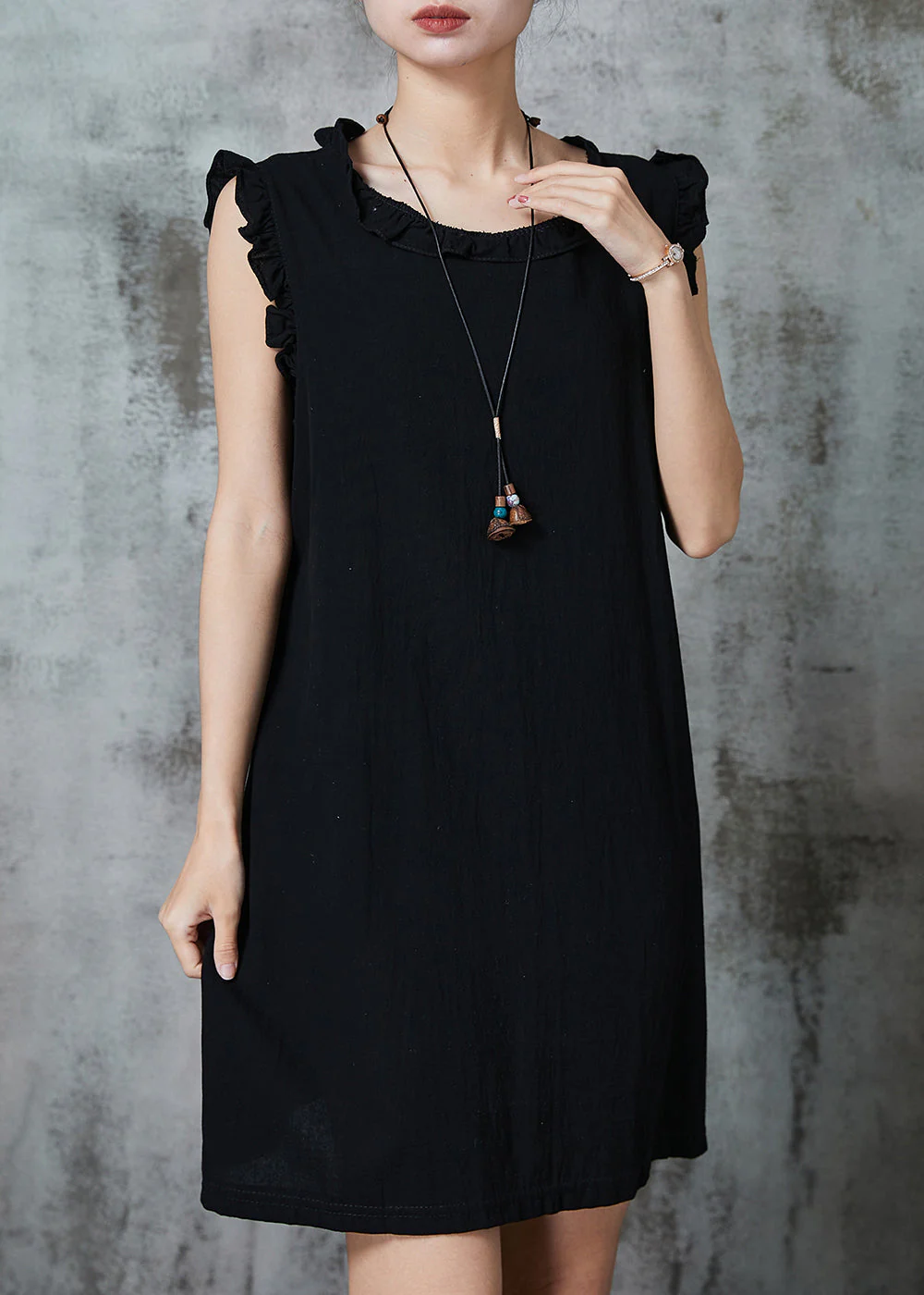 Black Silm Fit Cotton Short Dress Ruffled Summer - Image 2