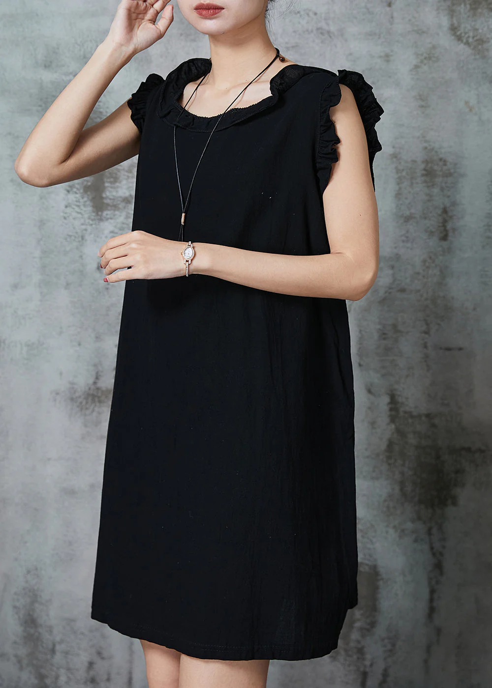 Black Silm Fit Cotton Short Dress Ruffled Summer - Image 3