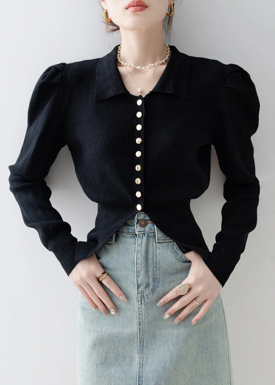 Black Silm Fit Knit Cardigan Side Open Puff Sleeve - Image 2