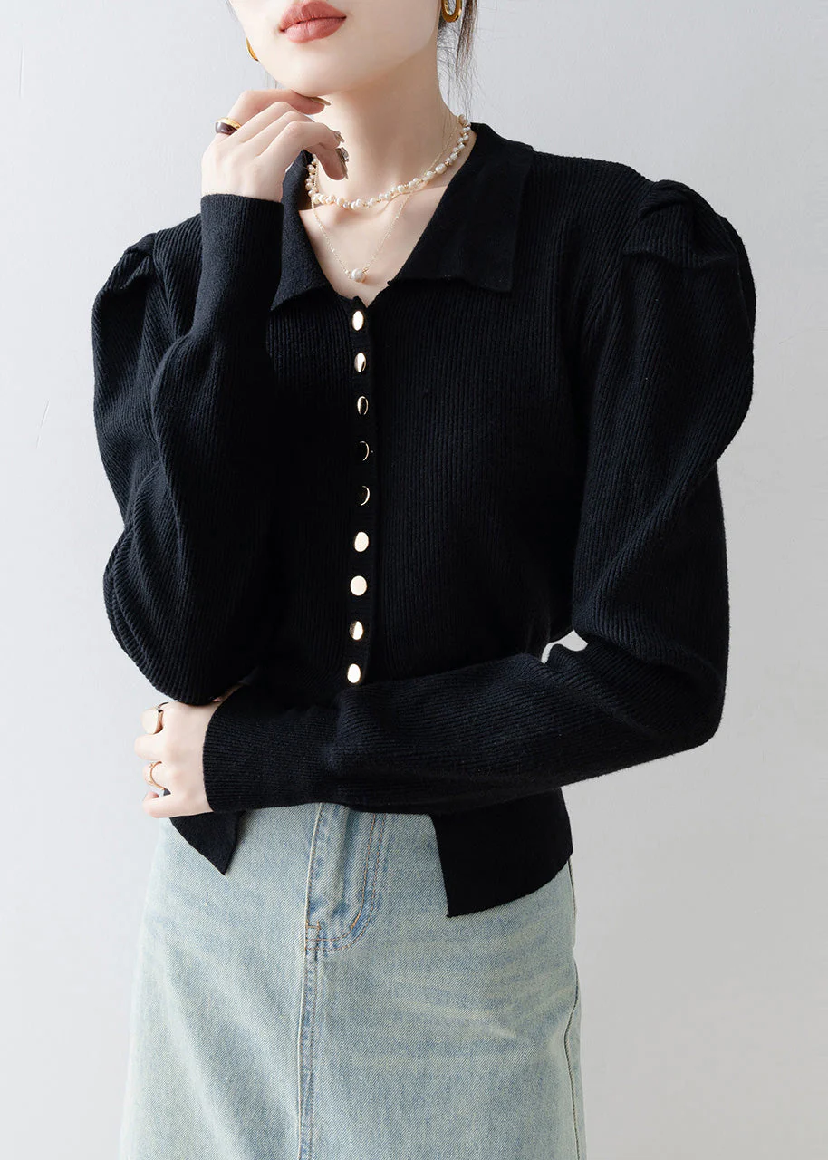 Black Silm Fit Knit Cardigan Side Open Puff Sleeve - Image 3