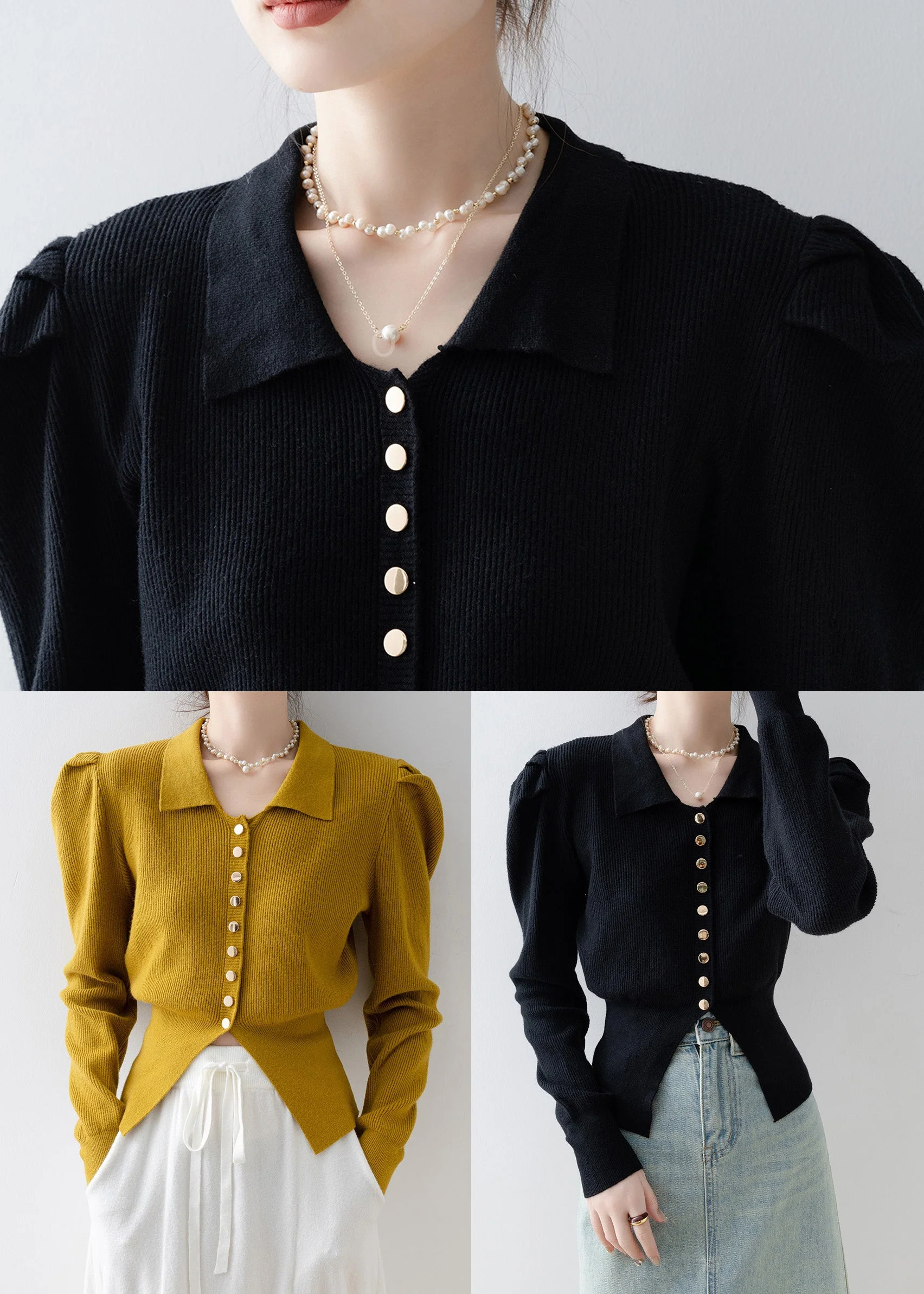 Black Silm Fit Knit Cardigan Side Open Puff Sleeve - Image 4