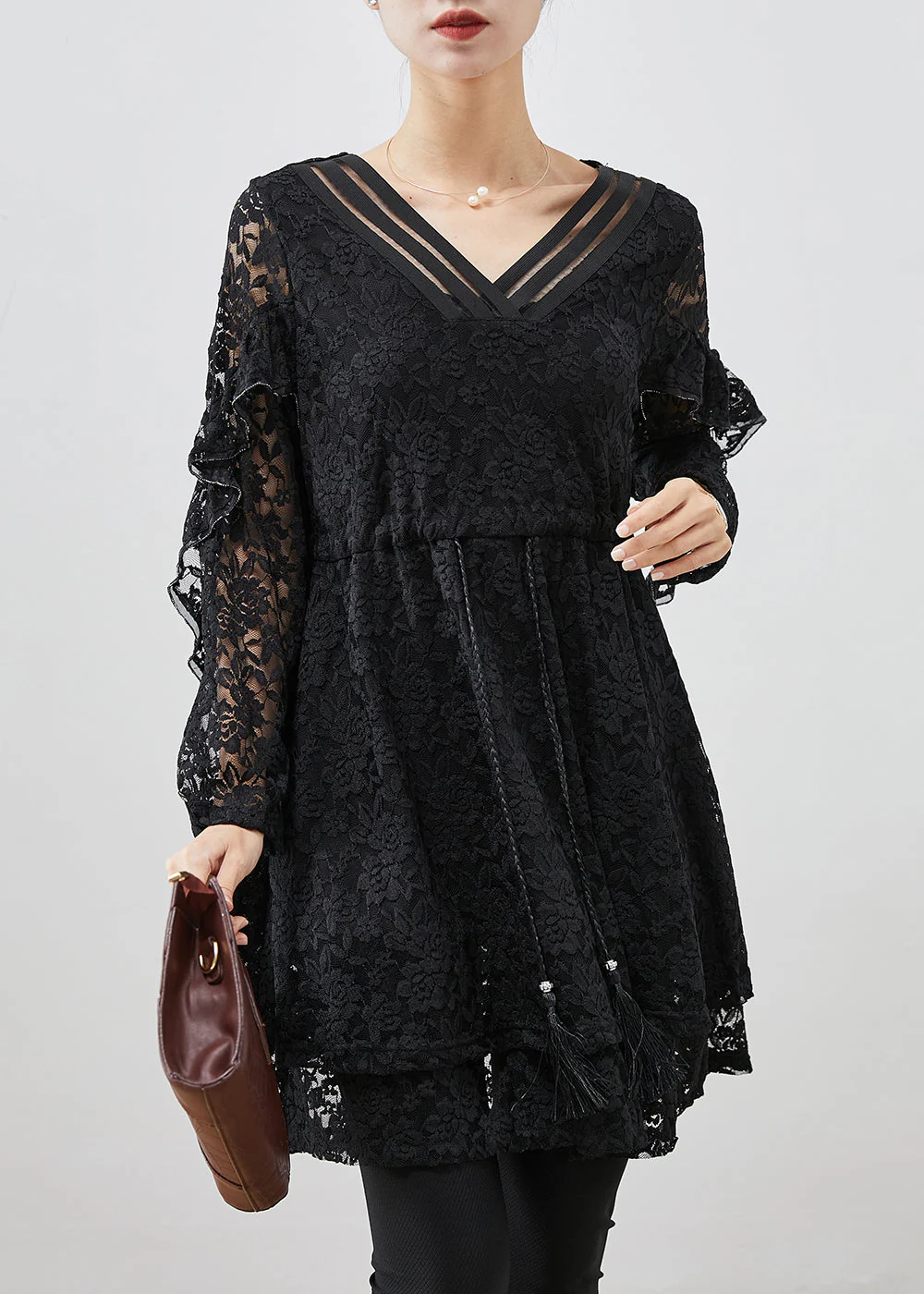 Black Silm Fit Lace A Line Dress Tie Waist Fall - Image 2