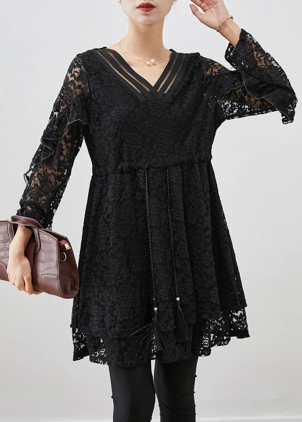 Black Silm Fit Lace A Line Dress Tie Waist Fall - Image 3