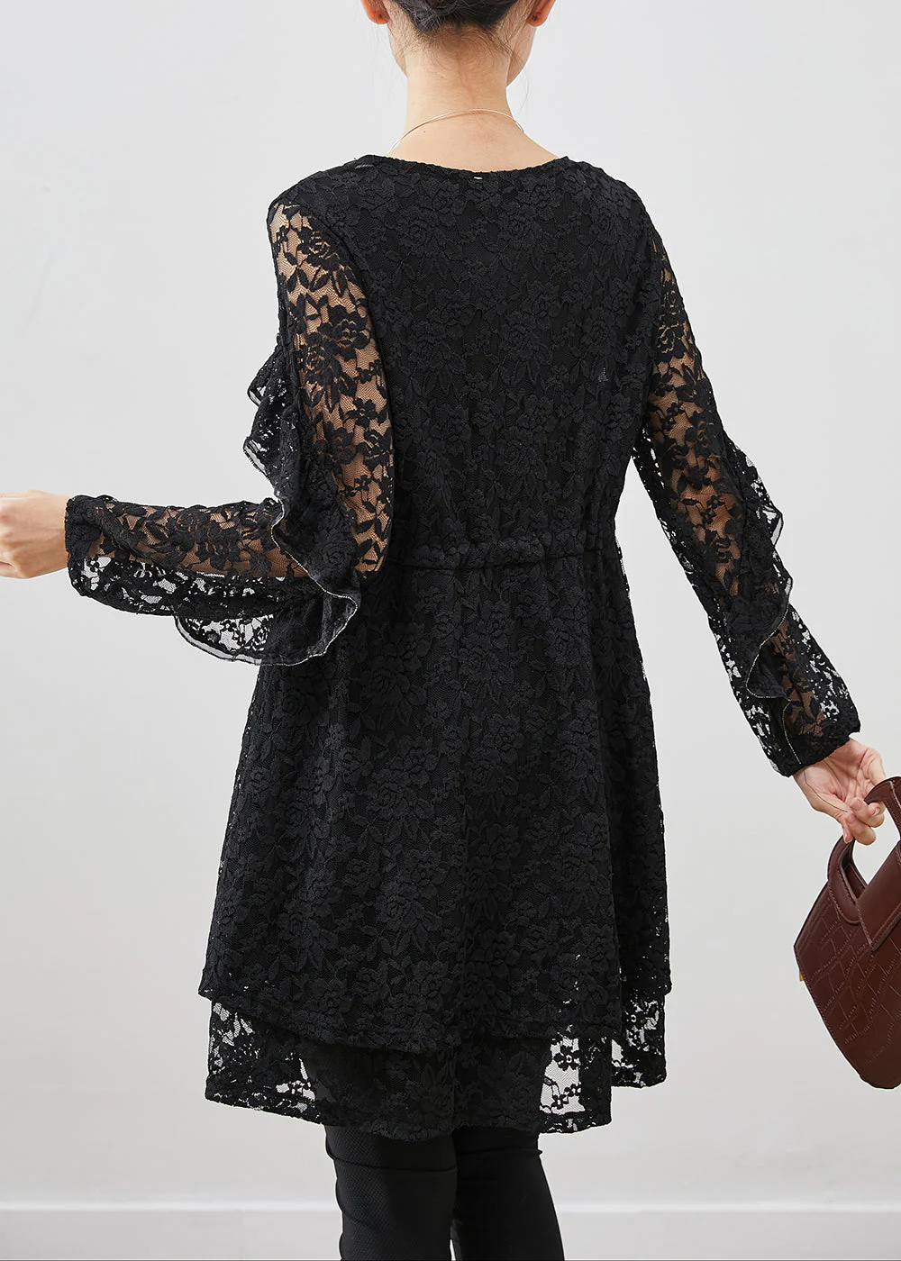 Black Silm Fit Lace A Line Dress Tie Waist Fall - Image 4
