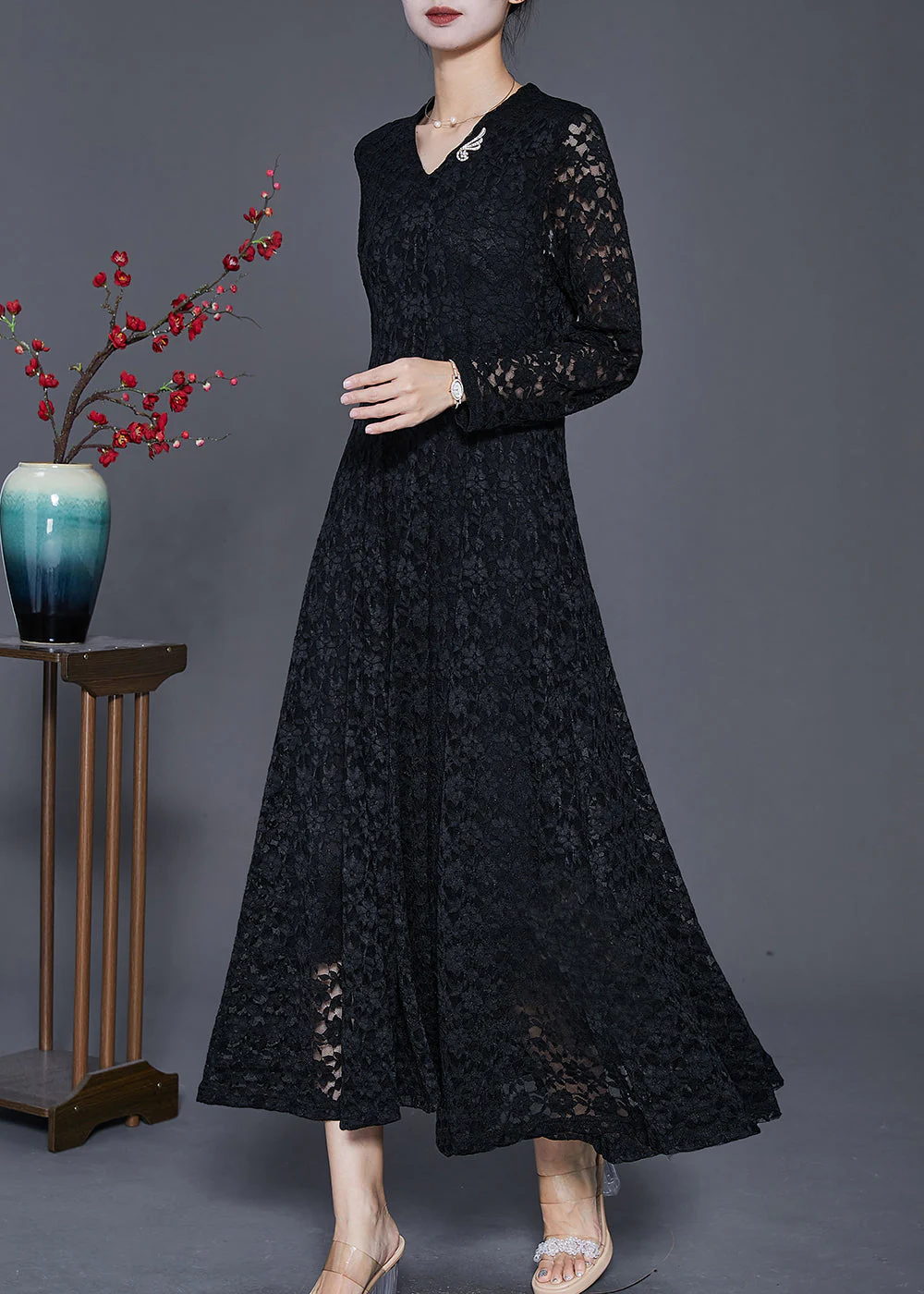 Black Silm Fit Lace A Line Dresses Hollow Out Spring - Image 3