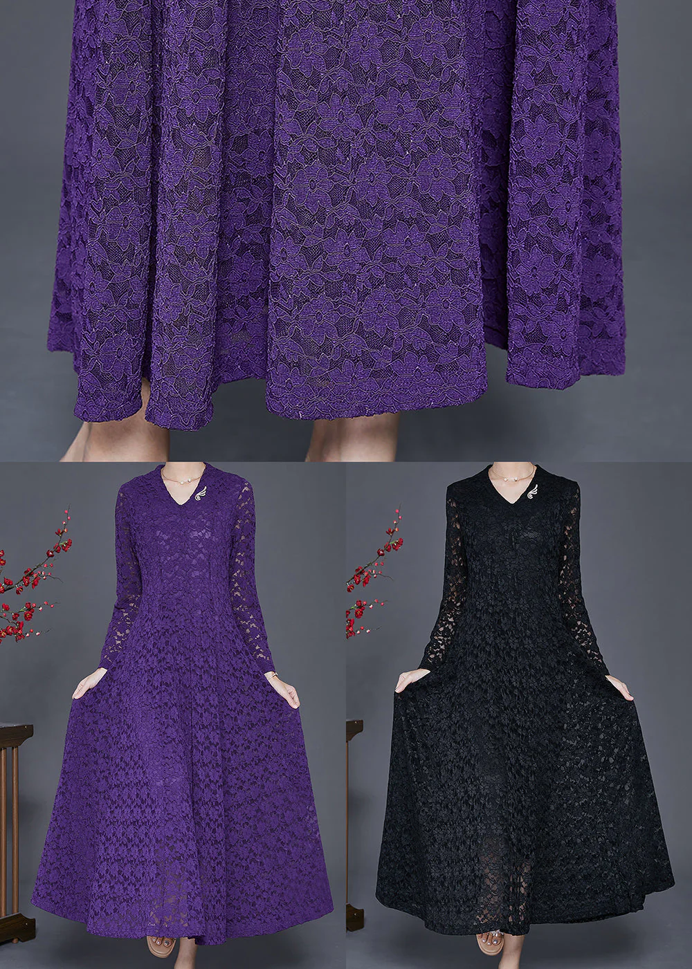 Black Silm Fit Lace A Line Dresses Hollow Out Spring - Image 5
