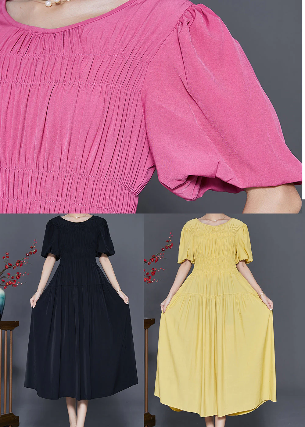 Black Slim Fit Cotton Dresses O-Neck Cinched Puff Sleeve - Image 5