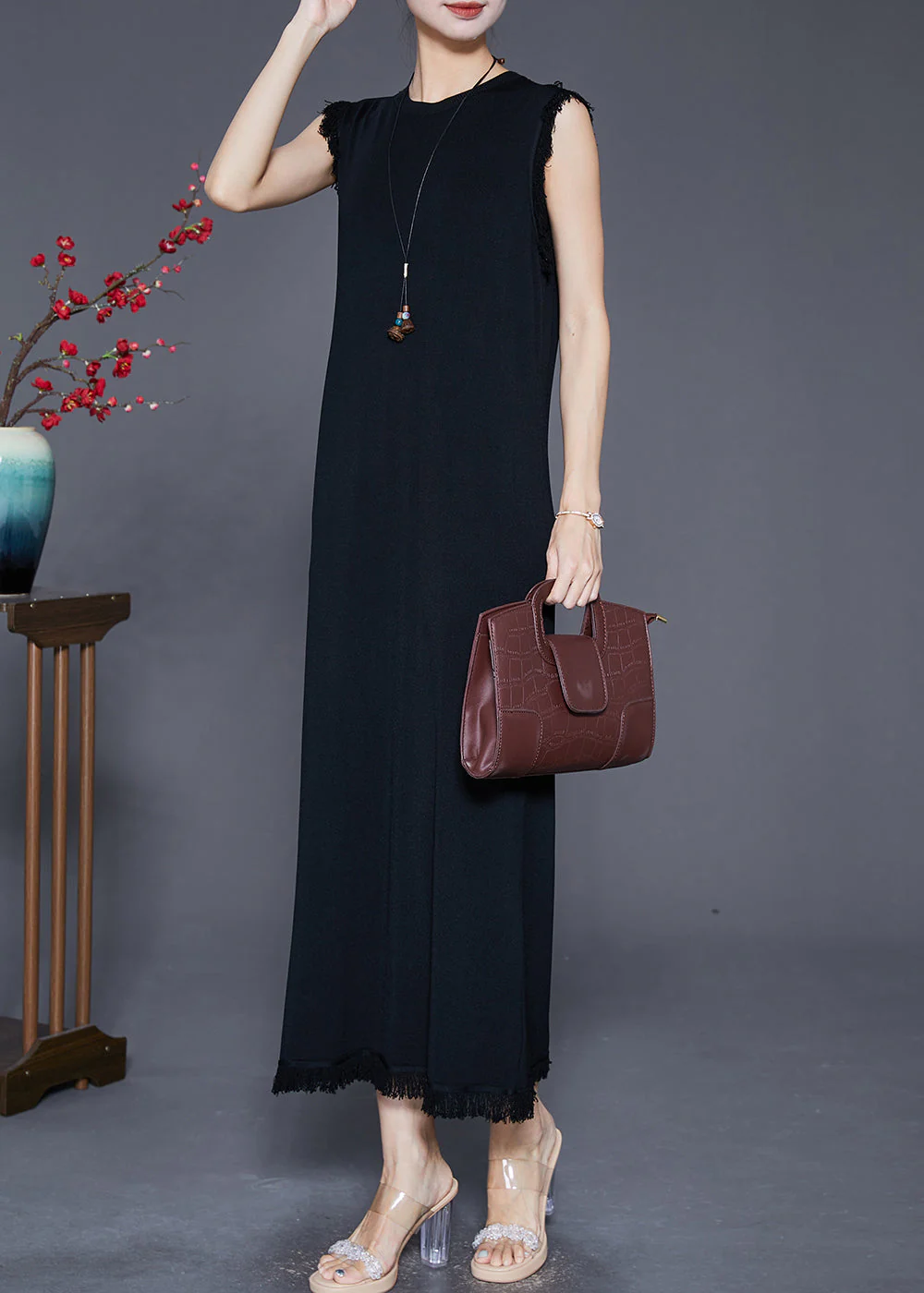 Black Slim Fit Knit Holiday Dress Tasseled Sleeveless - Image 3