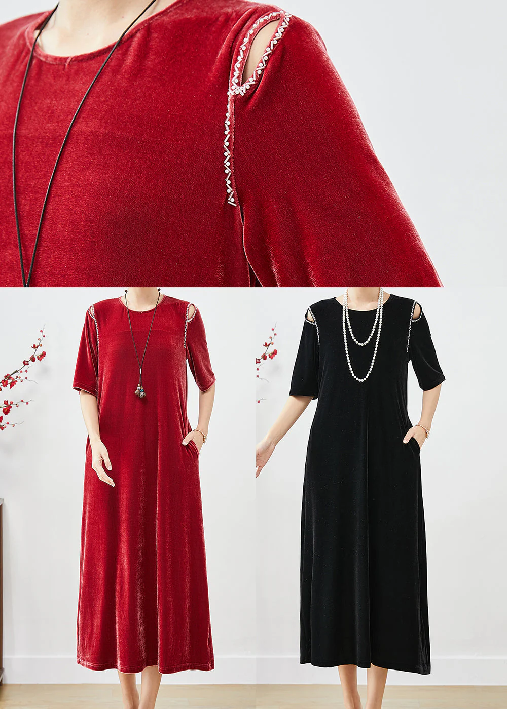 Black Slim Fit Silk Velour Holiday Dress Cold Shoulder Fall - Image 5