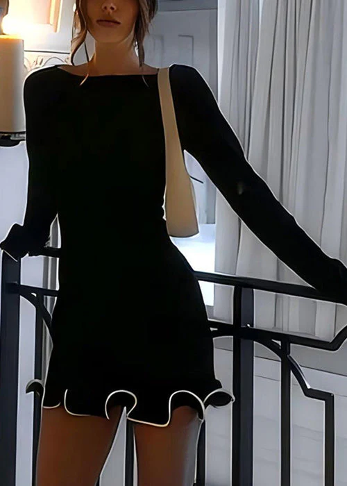 Black Solid Cotton Mid Dress O-Neck Butterfly Sleeve - Image 3