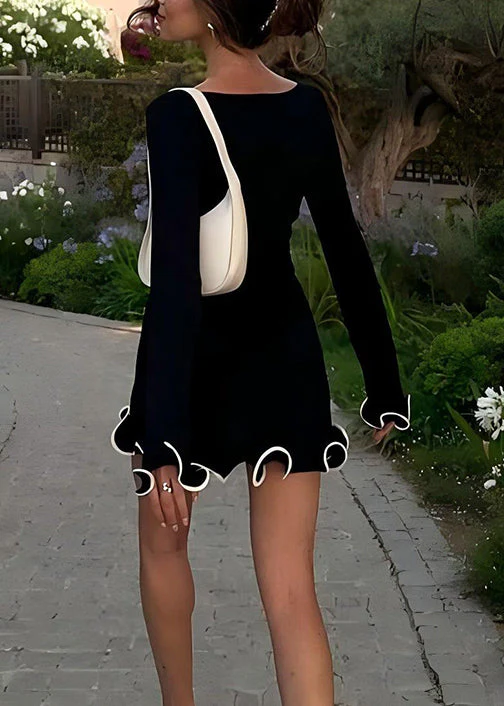 Black Solid Cotton Mid Dress O-Neck Butterfly Sleeve - Image 5