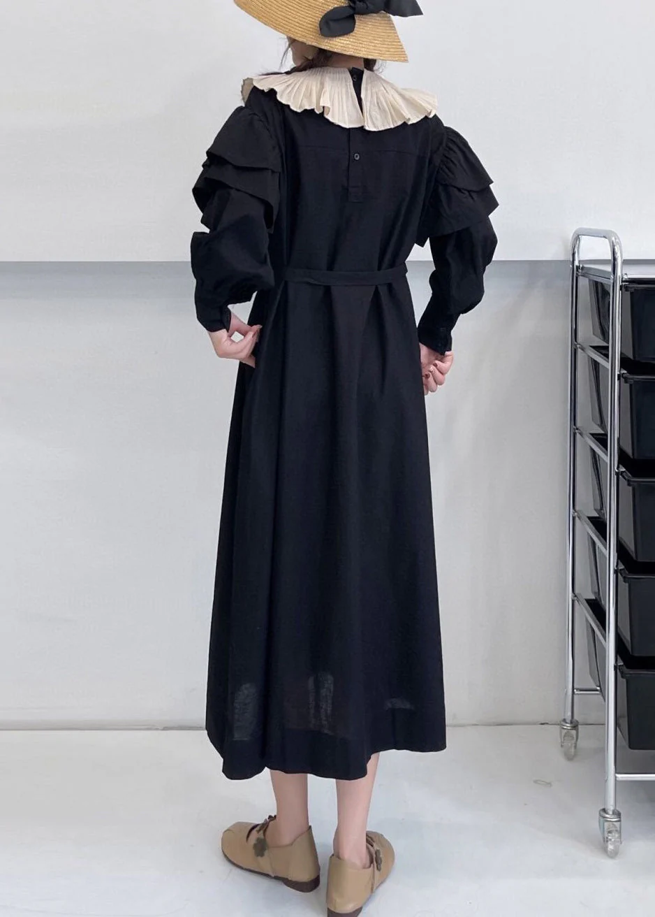 Black Solid Pockets Cotton Dress Ruffled Summer - Image 4