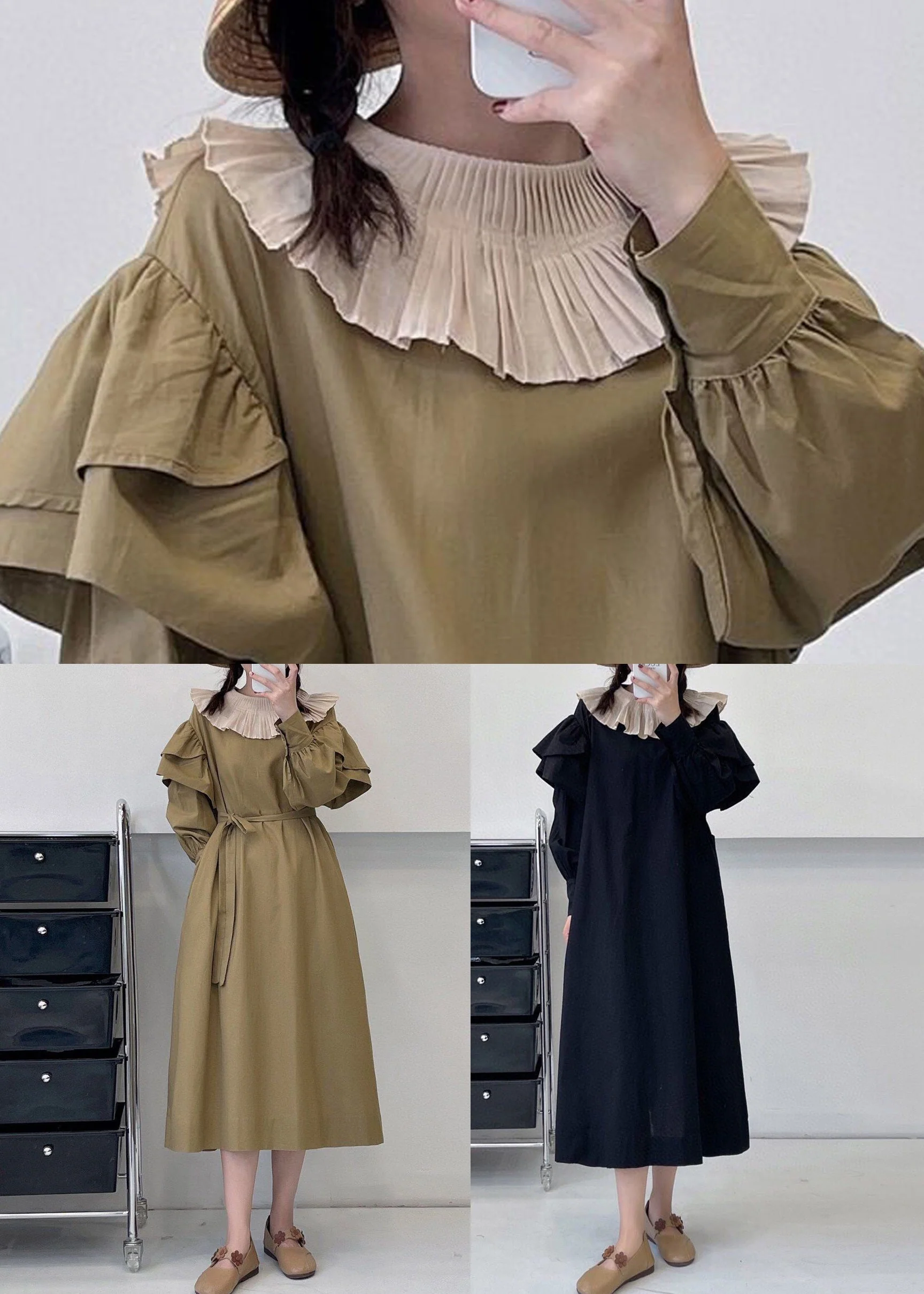 Black Solid Pockets Cotton Dress Ruffled Summer - Image 5