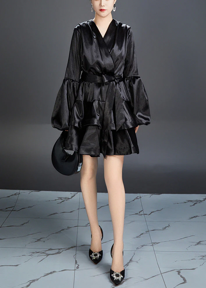 Black Solid Silk Mid Dress V Neck Long Sleeve - Image 2