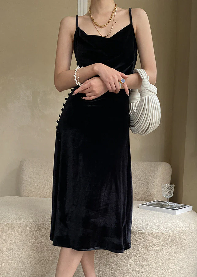 Black Solid Silk Velvet Spaghetti Strap Dress Cold Shoulder Summer - Image 2