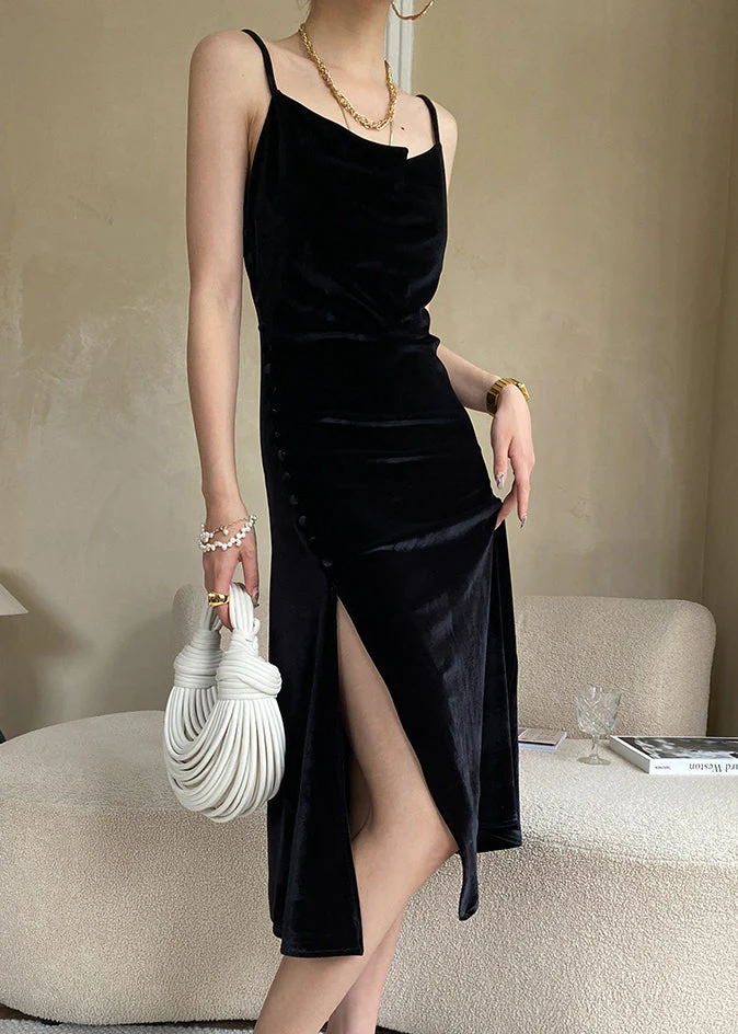 Black Solid Silk Velvet Spaghetti Strap Dress Cold Shoulder Summer - Image 3