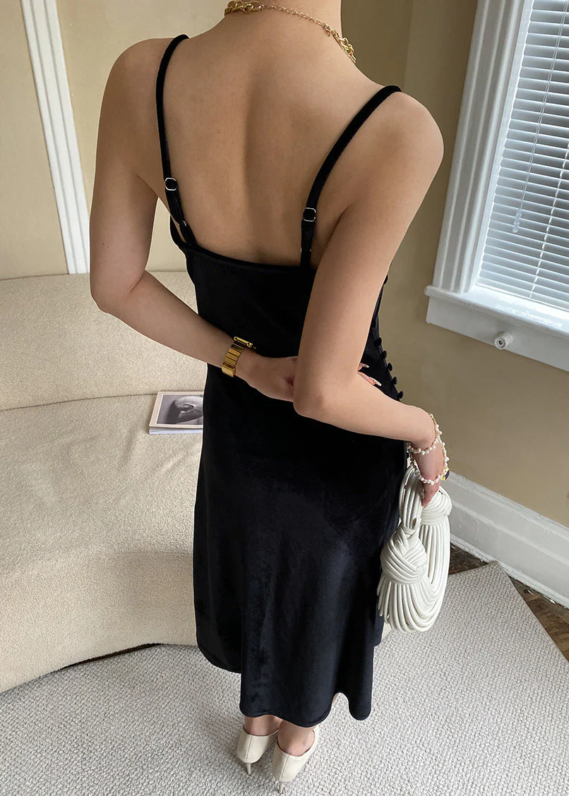 Black Solid Silk Velvet Spaghetti Strap Dress Cold Shoulder Summer - Image 4
