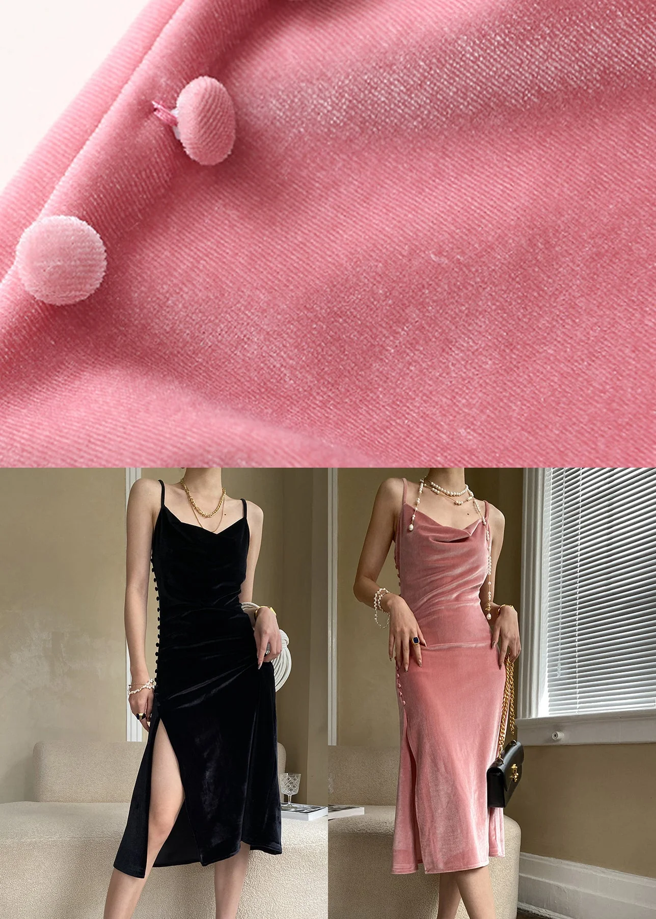 Black Solid Silk Velvet Spaghetti Strap Dress Cold Shoulder Summer - Image 5