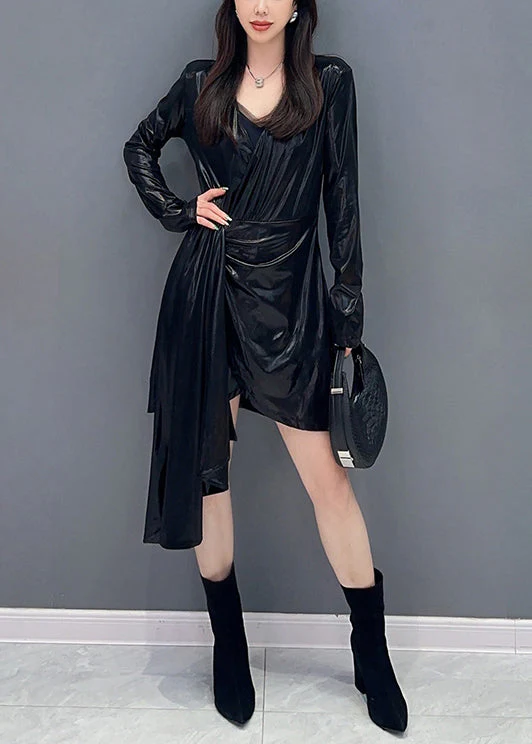 Black Solid Wrinkled Cotton Mid Dress V Neck Spring - Image 2