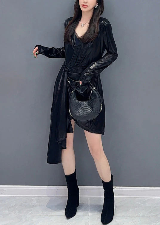 Black Solid Wrinkled Cotton Mid Dress V Neck Spring - Image 3