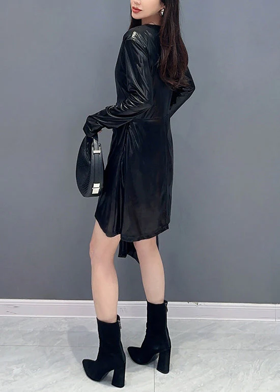 Black Solid Wrinkled Cotton Mid Dress V Neck Spring - Image 4