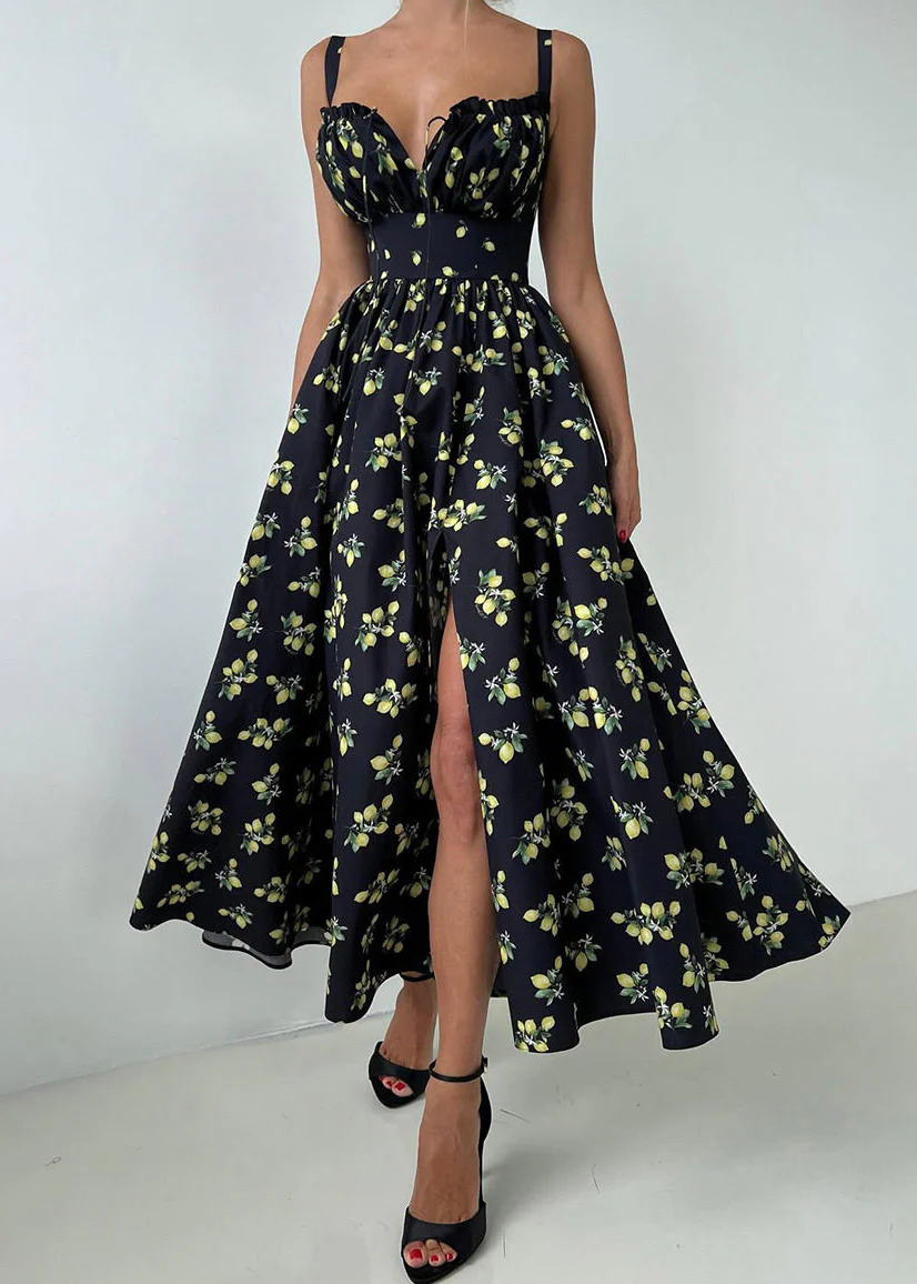 Black Square Collar High Waist Maxi Spaghetti Strap Dress Summer